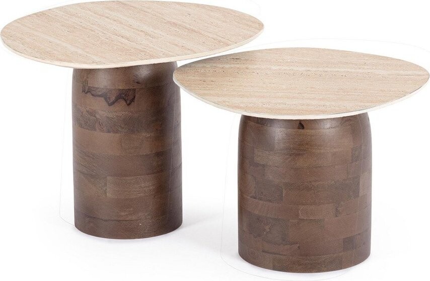 Hnědé/ve světle přírodní barvě kulaté konferenční stolky v sadě 2 ks s deskou v dekoru mramoru 34x40 cm Yanisha – Bizzotto