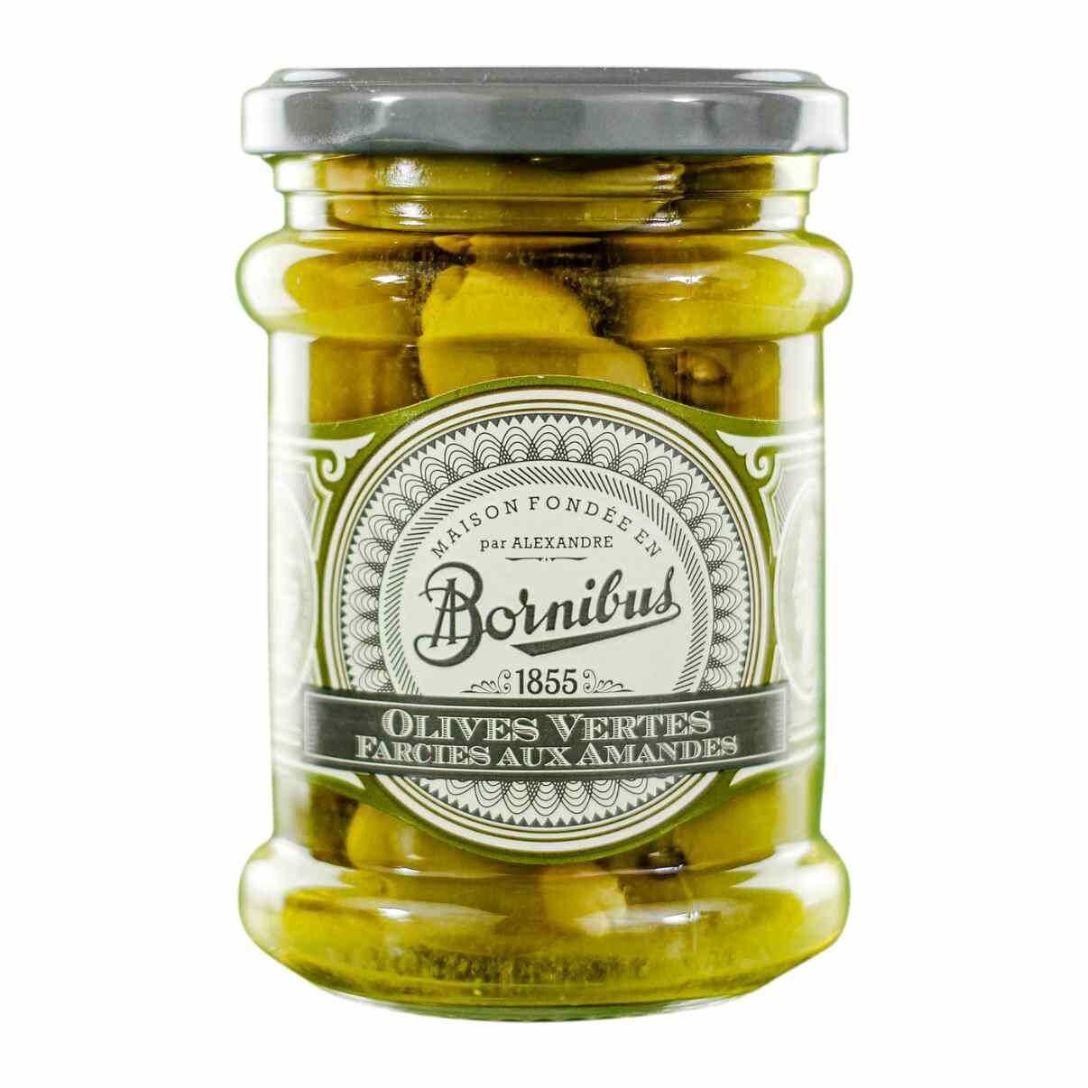 Zelené olivy 270 g, plněné mandlemi, BORNIBUS