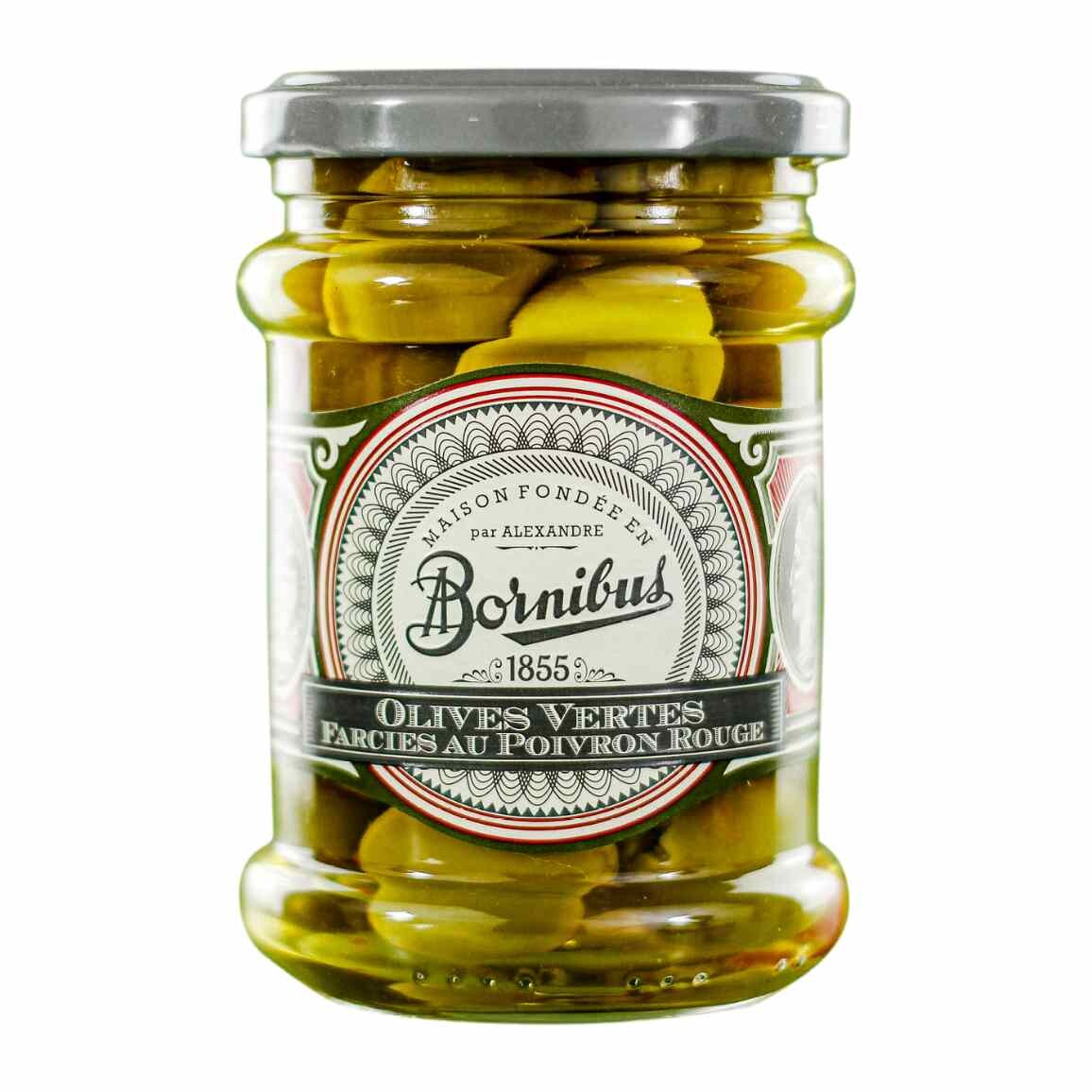 Zelené olivy 270 g, plněné červenou paprikou, BORNIBUS