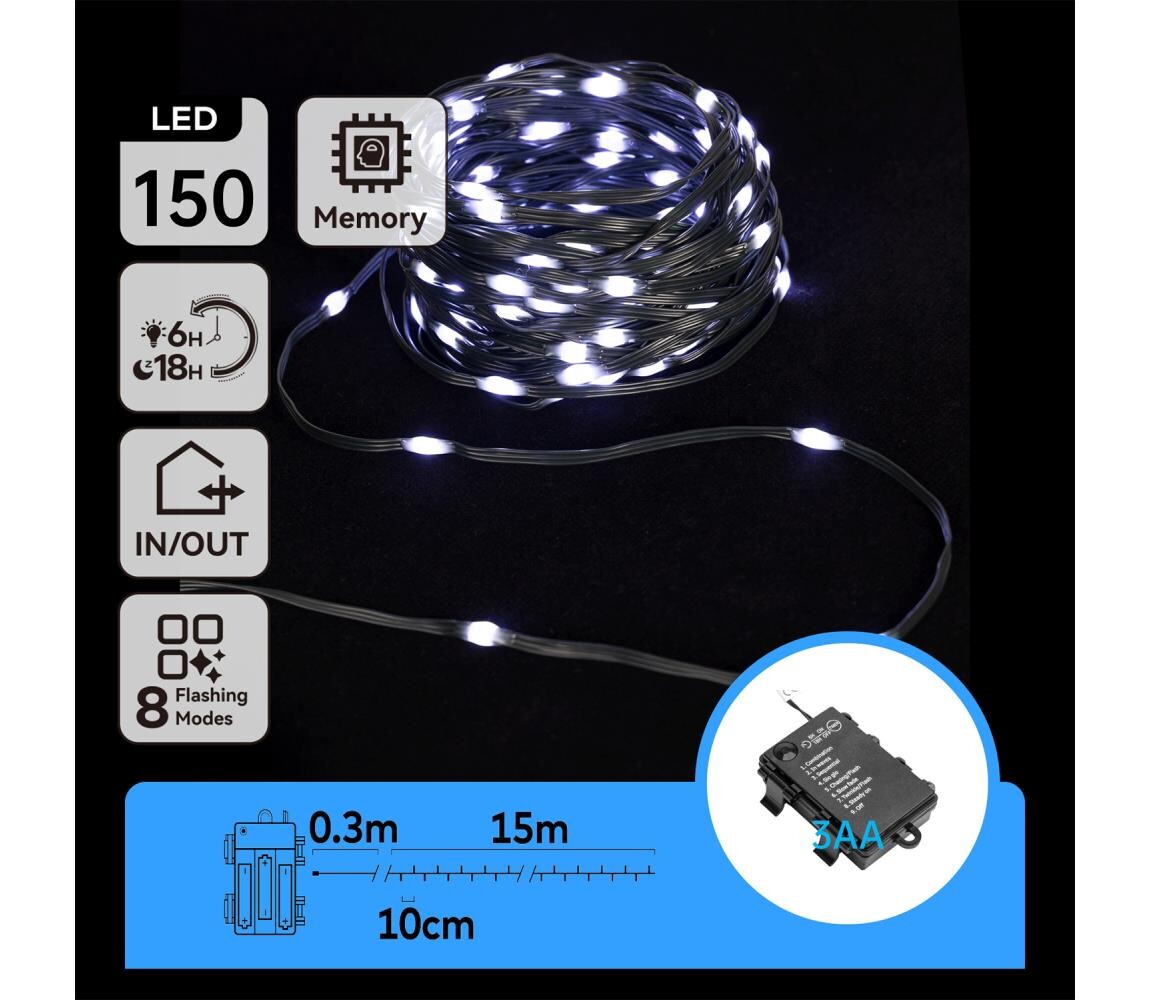 B.V.  - LED Venkovní vánoční řetěz 150xLED/8 funkcí 15,3m IP44 studená bílá B10303K1N