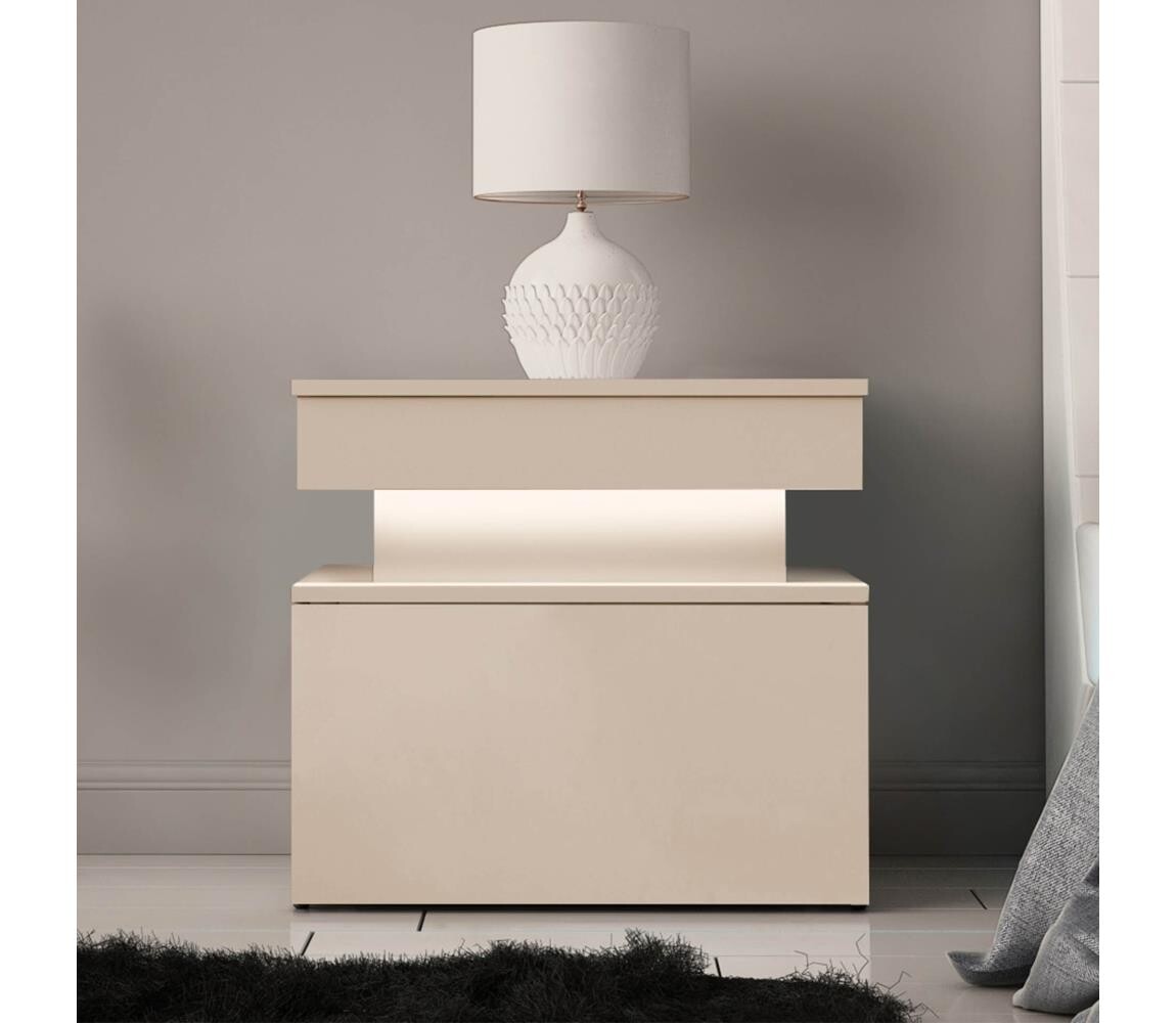 MIRJAN 24 Noční stolek s LED osvětlením GLOSSA 51x55 cm béžová