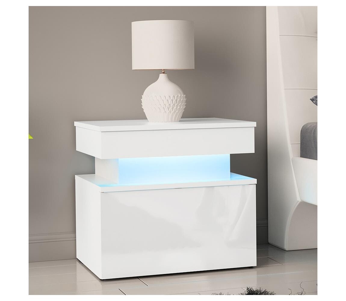 MIRJAN 24 Noční stolek s LED osvětlením GLOSSA 51x55 cm bílá/lesklá bílá