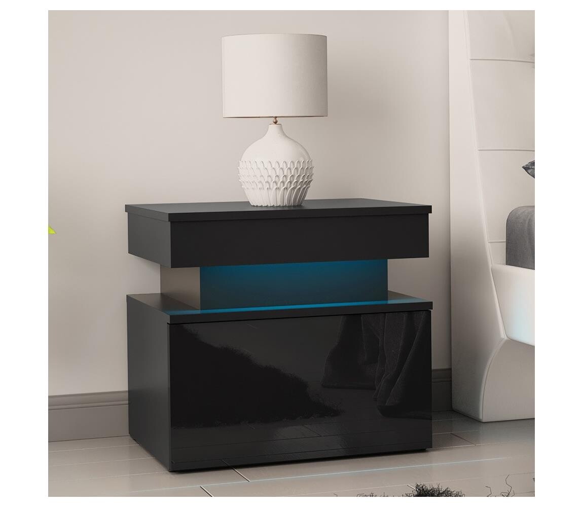 MIRJAN 24 Noční stolek s LED osvětlením GLOSSA 51x55 cm černá/lesklá černá