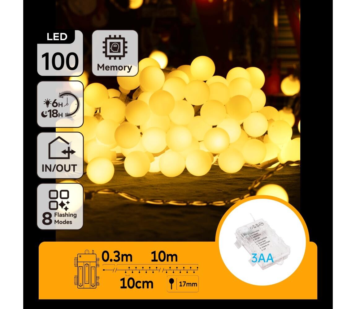 B.V.  - LED Venkovní řetěz 100xLED/3xAA/8 funkcí 10,3 m IP44 teplá bílá B10303K4H