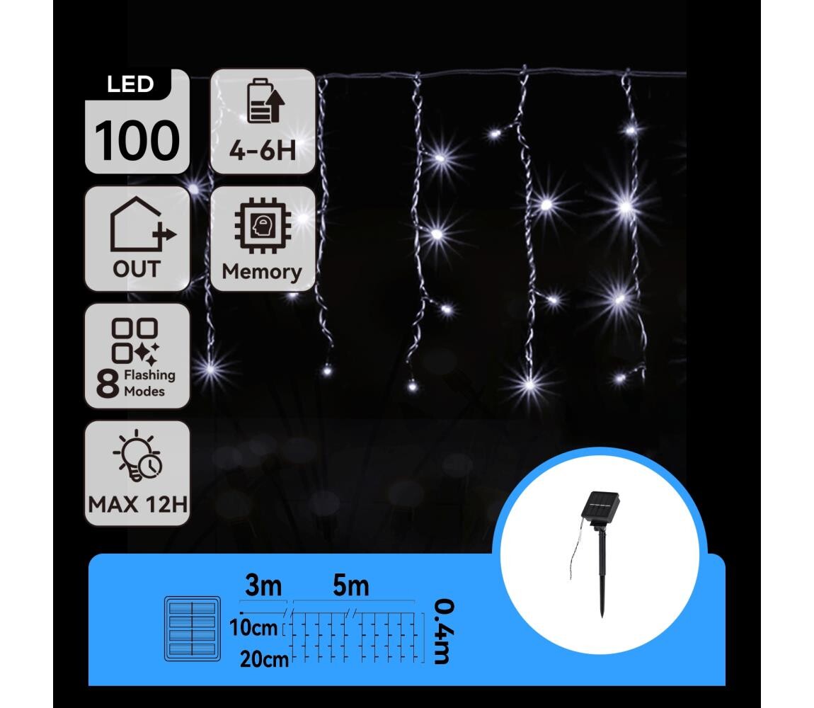 B.V.  - LED Solární  řetěz 100xLED/8 funkcí 8x0,4m IP65 studená bílá B10201JF8