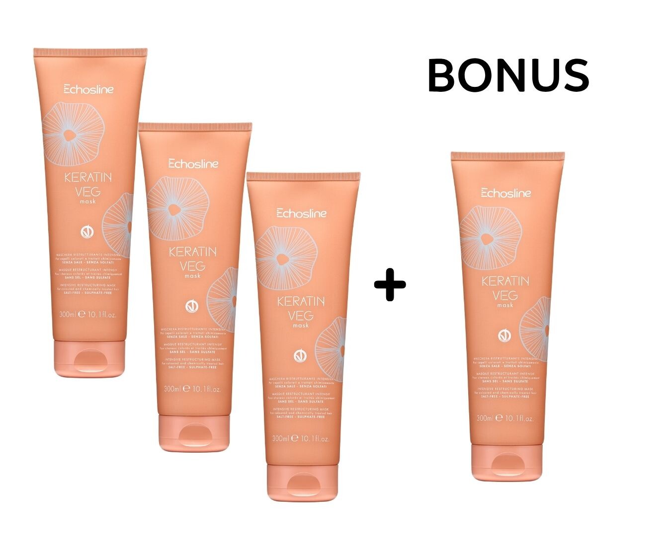 AKCE: 3+1 Echosline Keratin VEG Mask - maska ​​pro chemicky ošetřované vlasy, 300 ml