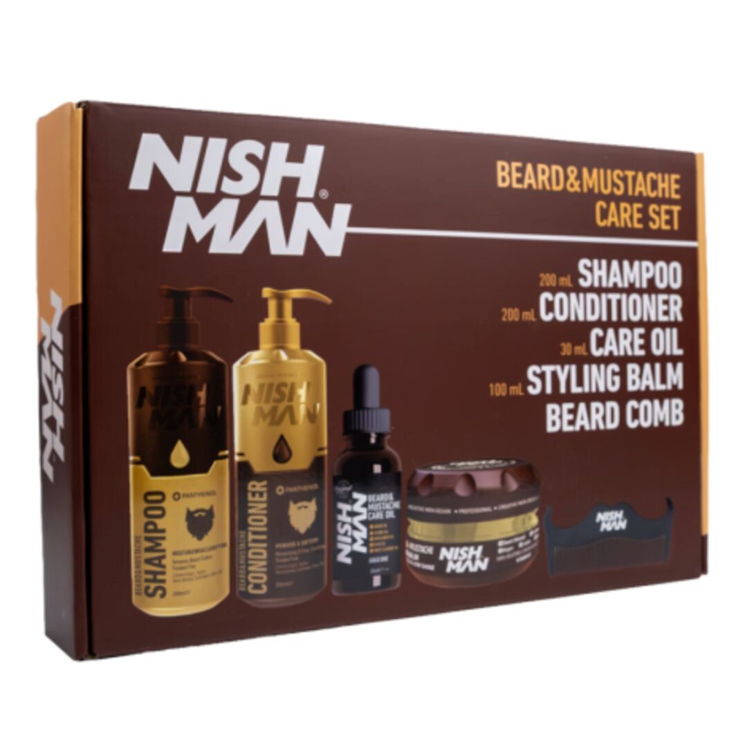 KIT: Nishman Beard&Moustache Care Set - sada péče o bradu - šampon 200 ml, kondicionér 200 ml, olej na bradu 30 ml, balzám na bradu 100 ml a hřeben