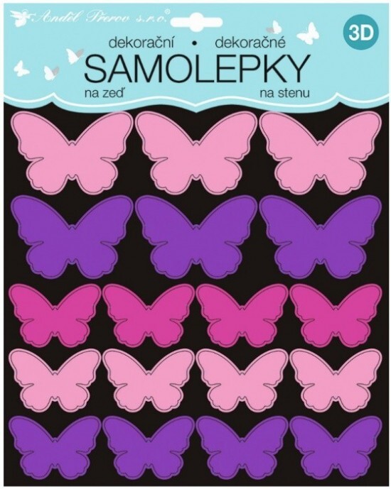Anděl 3D samolepky na zeď - růžovofialoví motýli - 2 archy - 35 ks - 10277