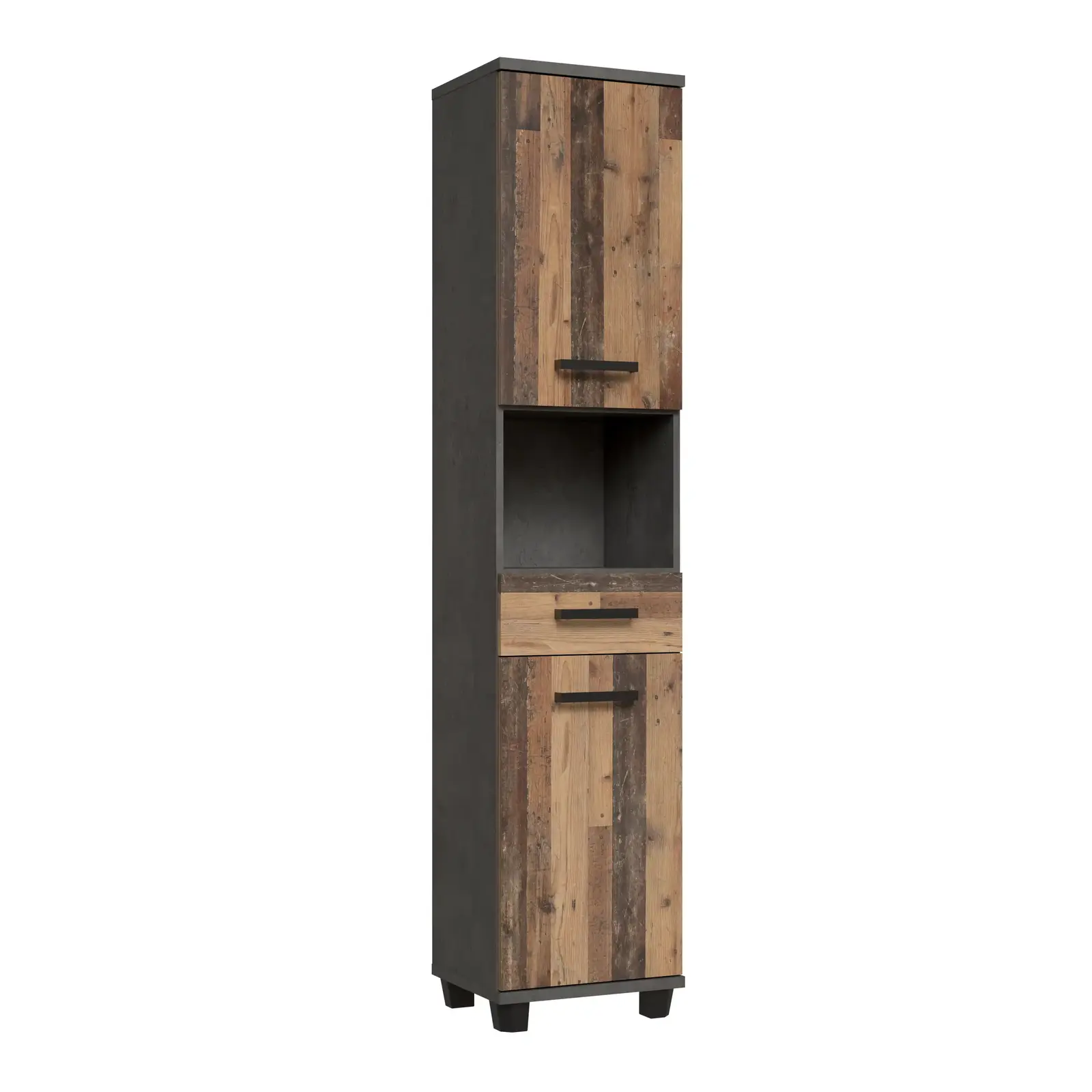 CANELU koupelnová vysoká skříňka, tmavě šedý beton/old-wood vintage