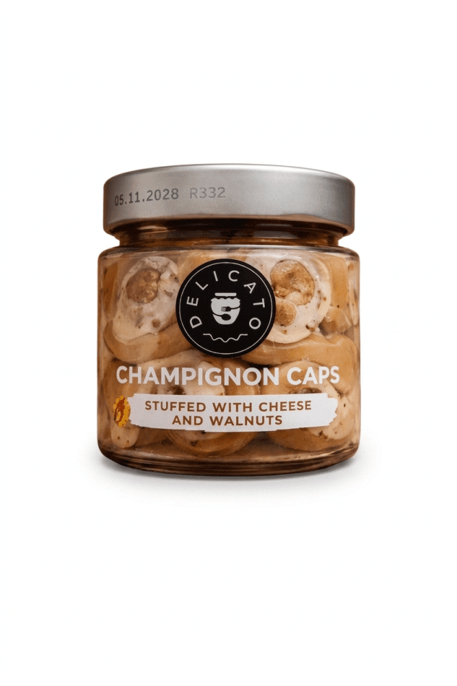 DelicatoFood Žampiony plněné sýrem a vlašskými ořechy 190 g
