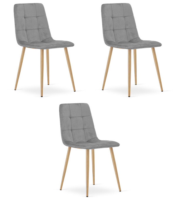 Set tří jídelních židlí KARA sametové, světle šedé / hnědé nohy (3 ks)