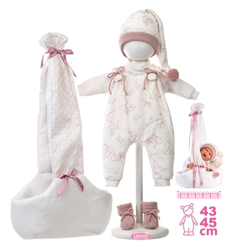 Llorens M740-06 Obleček pro panenku miminko NEW BORN velikosti 40-42 cm s nosítkem přes rameno