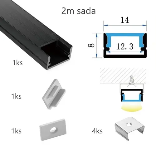 Sada černého hliníkového profilu s černým difuzorem KM35-C-MK-P 2m