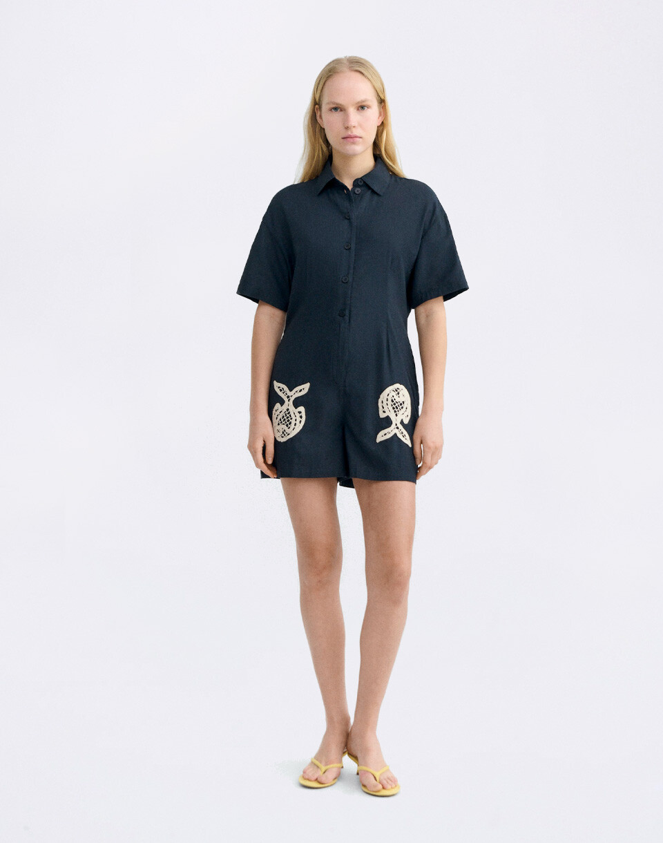 Thinking MU Navy Fish Patch Roberta Jumpsuit BLUE XS