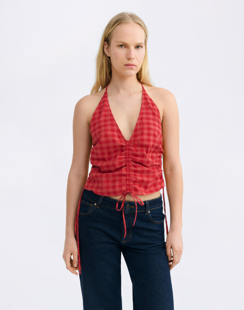 Thinking MU Red Hiba Seersucker Top RED XS