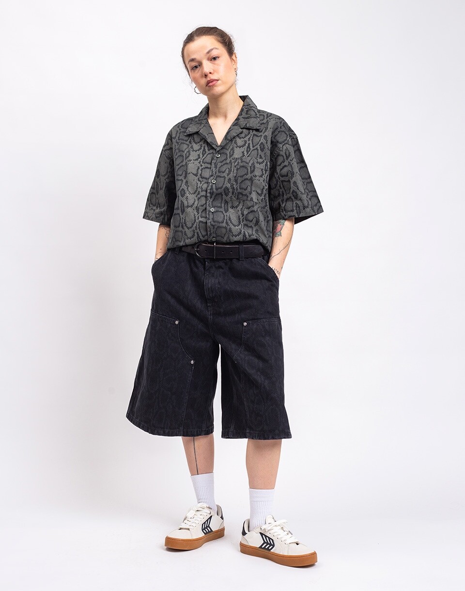 Carhartt WIP W' Snake Nixon Double Knee Short Snake Camo, Black heavy stone wash XS