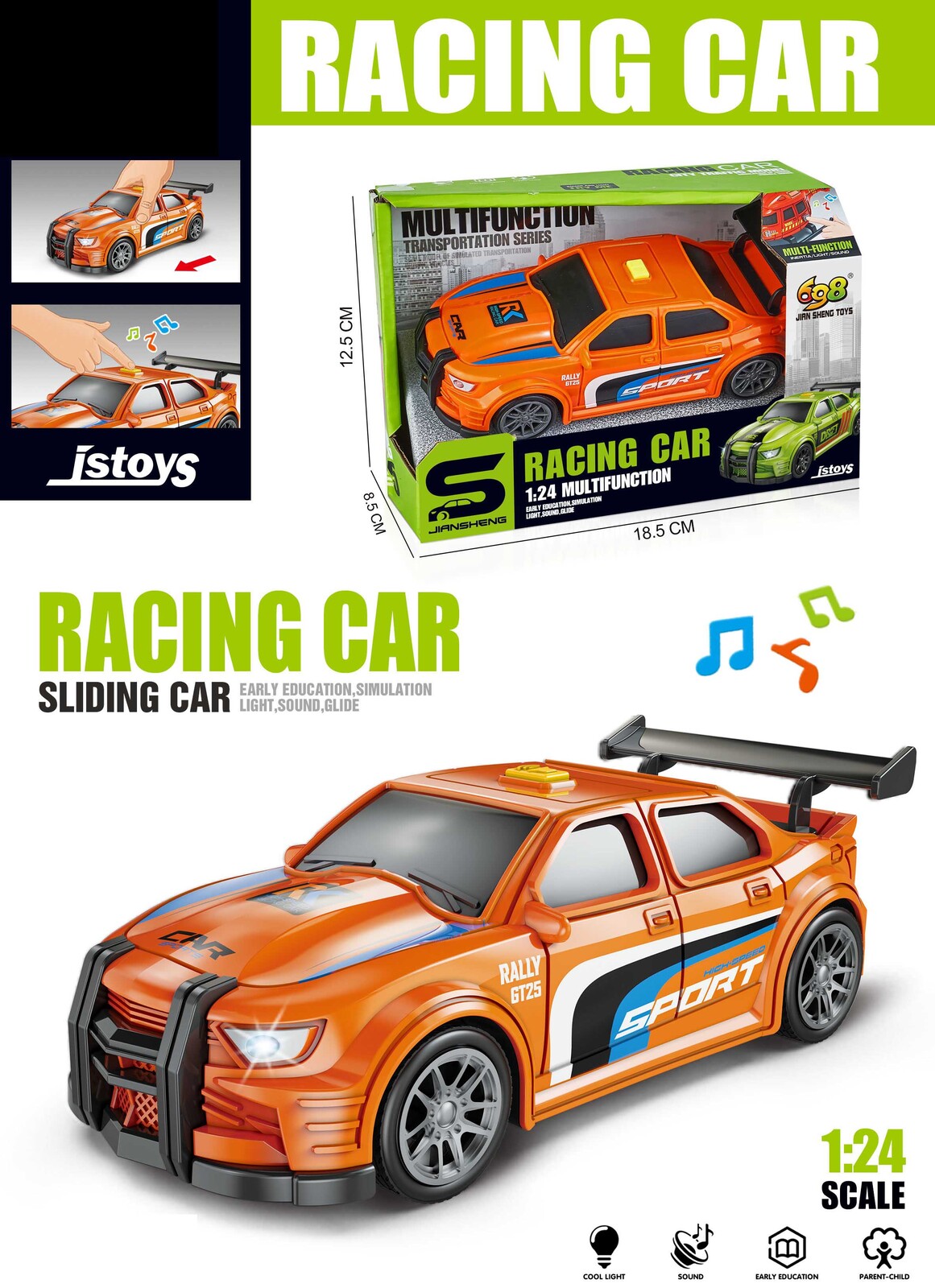 Auto závodní oranžové s efekty 16 cm