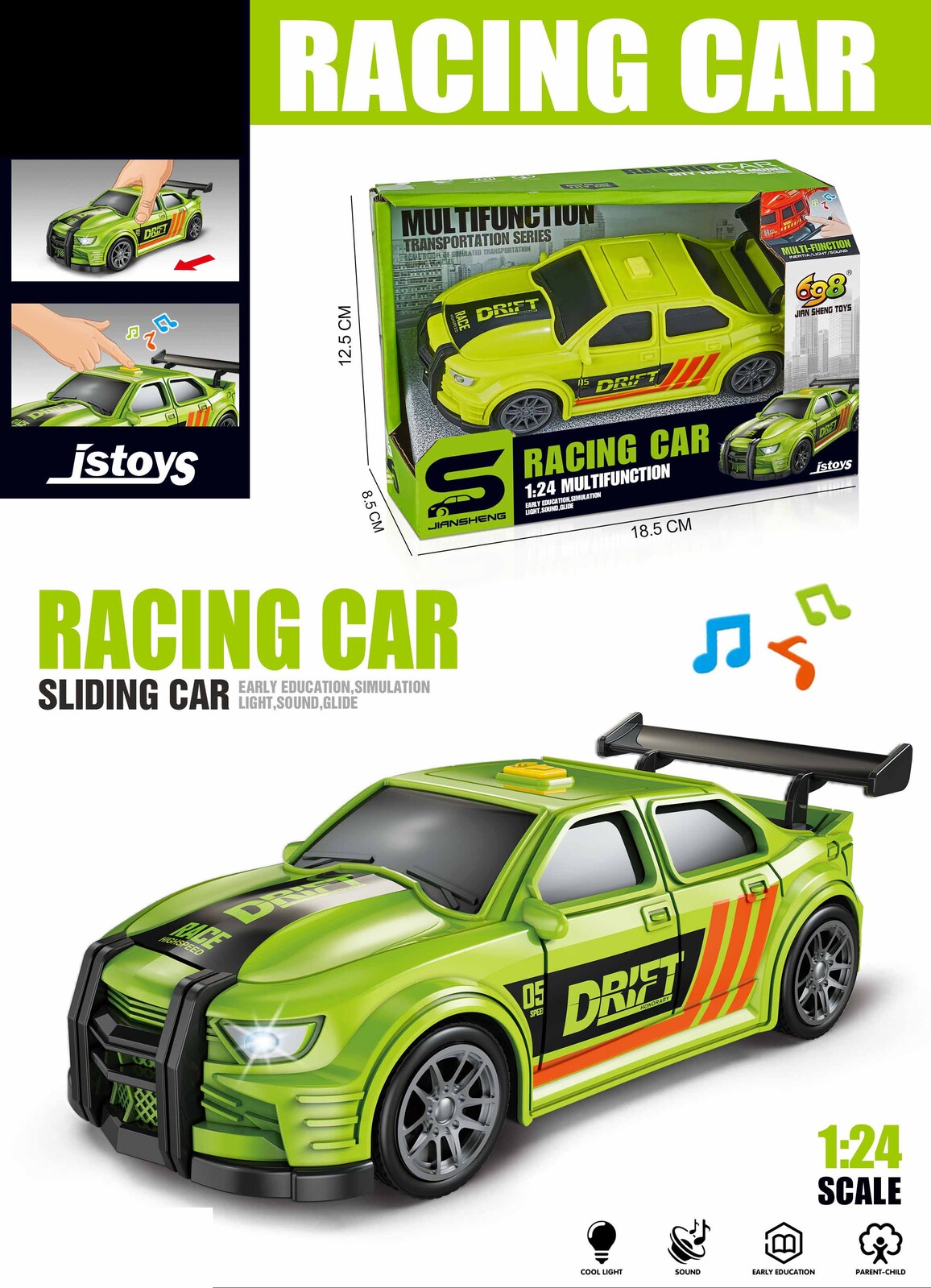 Auto závodní zelené s efekty 16 cm