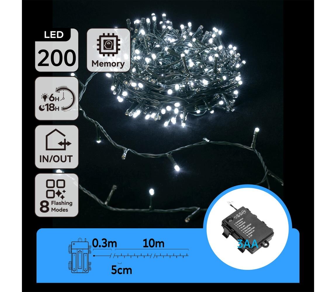 B.V.  - LED Venkovní vánoční řetěz 200xLED/8 funkcí 10,3m IP44 studená bílá B10303K2N