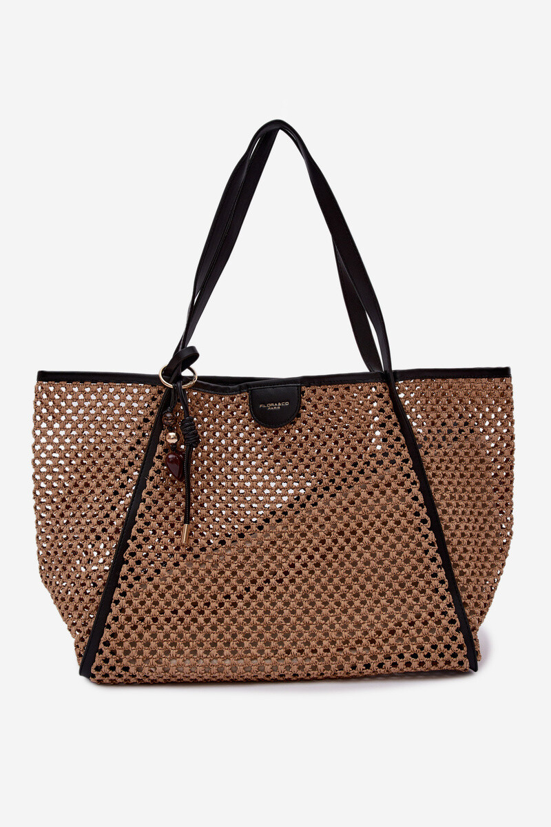 Velká hnědá pletená shopper taška s přívěskem