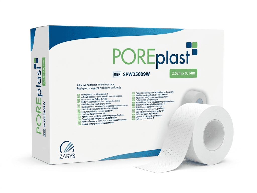 Zarys POREplast adhezivní perforovaná netkaná páska, bílá 2,5 cm x 9,14 m, nesterilní, 12 ks