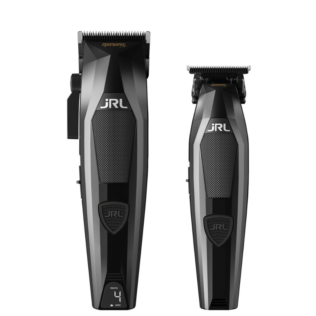 JRL DIAMANTE COMBO - set profesionálního střihacího a konturovacího strojku + Stlačený vzduch, 400 ml + M22 olej pro mazání střihacích hlavic, 200 ml  BLACK - v černé barvě