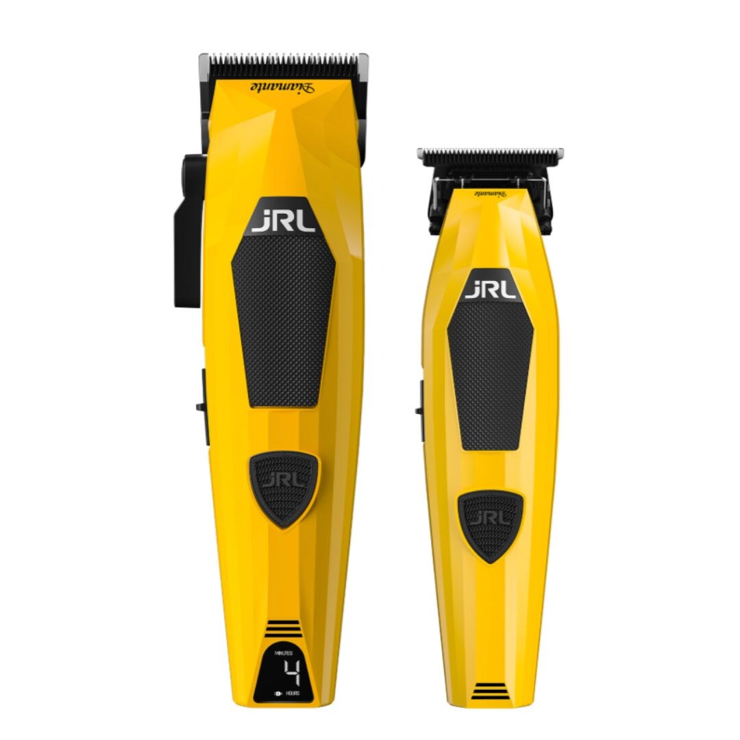 JRL DIAMANTE COMBO - set profesionálního střihacího a konturovacího strojku + Stlačený vzduch, 400 ml + M22 olej pro mazání střihacích hlavic, 200 ml YELLOW - ve žluté barvě