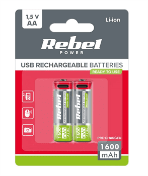Baterie AA R6 nabíjecí 1,2V/1600mAh REBEL 2ks, blistr BAT2014 USB-C
