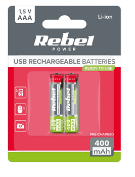 Baterie AAA R3 nabíjecí 1,5V/400mAh REBEL 2ks, blistr BAT2015 USB-C