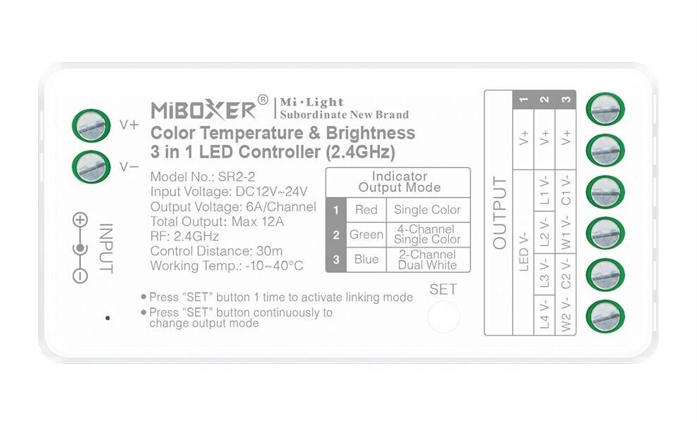 LED Solution Mi-Light MiBoxer RF Přijímač 3v1 pro jednobarevné a CCT LED pásky, 4-kanálový SR2-2