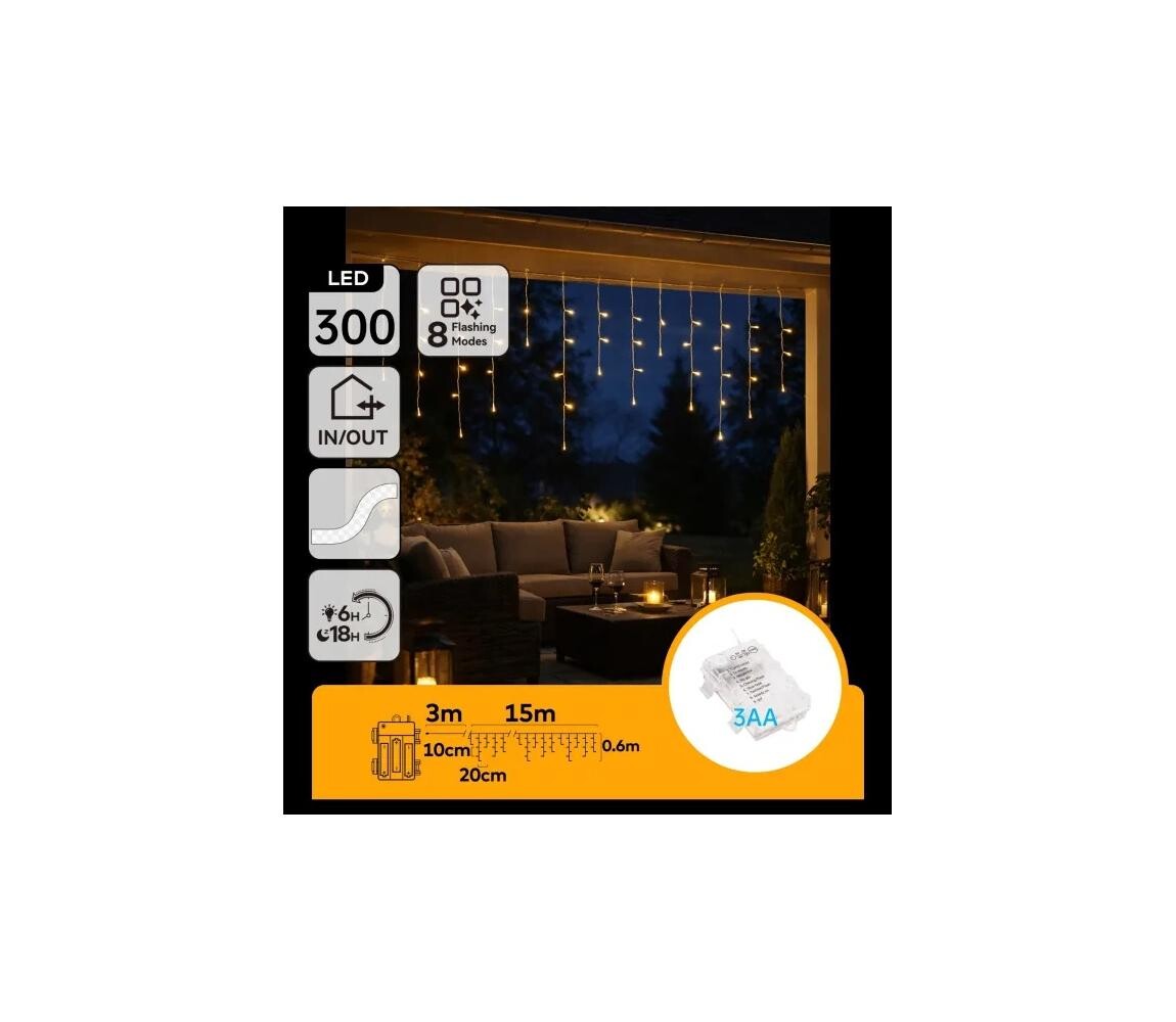 B.V.  - LED Venkovní ván řetěz 300xLED/8 funkcí 3xAA 18x06m IP44 teplá bílá B10303K3Y