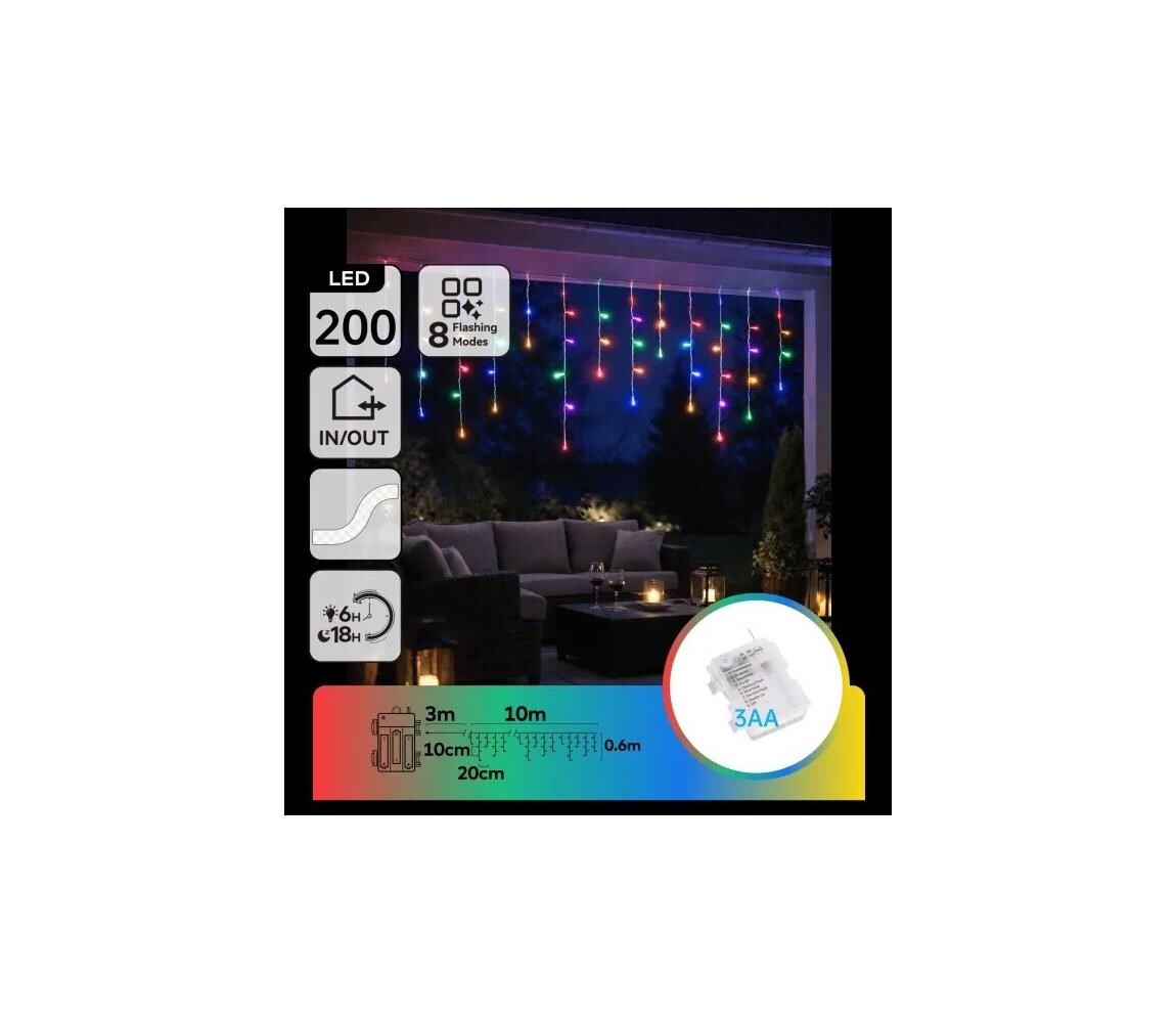 B.V.  - LED Venkovní ván řetěz 200xLED/8 funkcí 3xAA 13x06m IP44 multicolor B10303K44