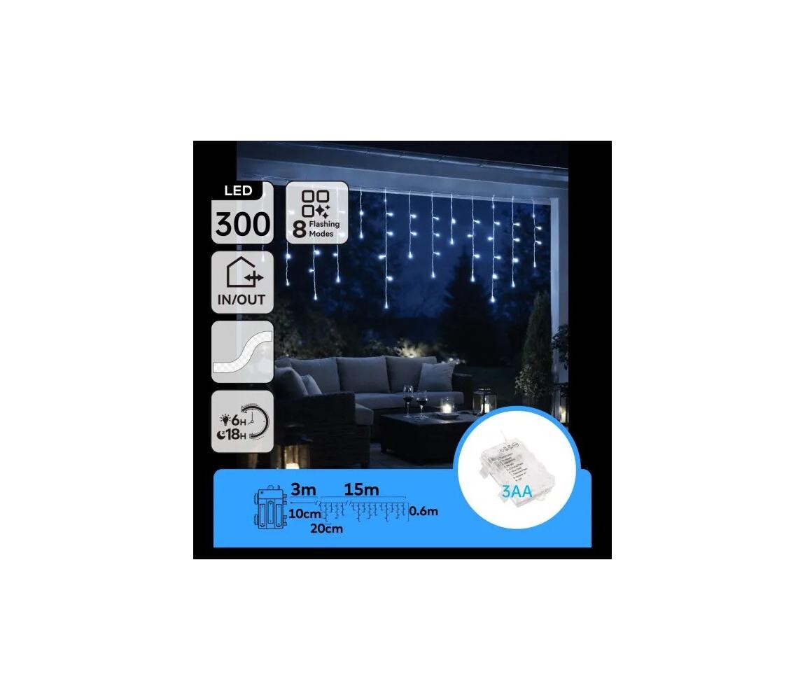 B.V.  - LED Venkovní ván řetěz 300xLED/8 funkcí 3xAA 18x06m IP44 studená bílá B10303K42