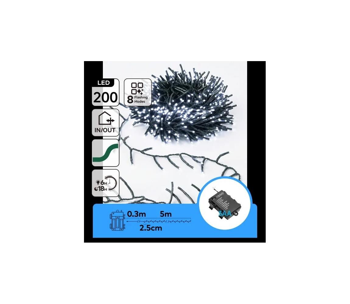 B.V.  - LED Venkovní ván řetěz 200xLED/8 funkcí 3xAA 5,3m IP44 studená bílá B10303K3C