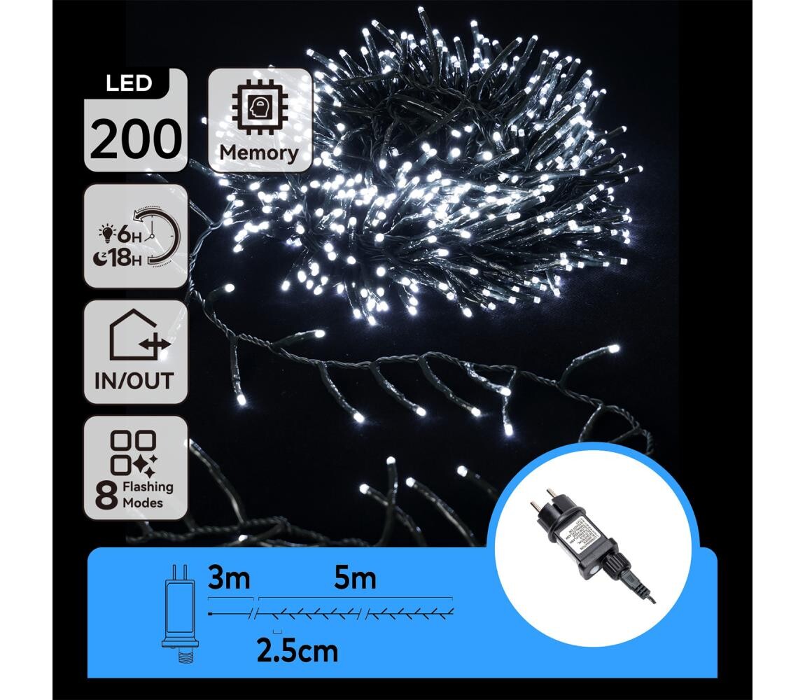 B.V.  - LED Venkovní vánoční řetěz 200xLED/8 funkcí 8m IP44 studená bílá B103031O7