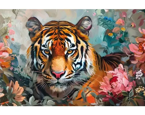 Obraz na plátně Tygr v květech, 90x60 cm, efekt olejomalby