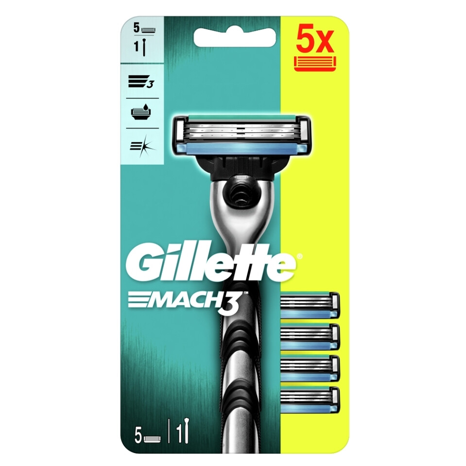 GILLETTE Mach3 Holící strojek + Náhradní hlavice 5 ks, poškozený obal