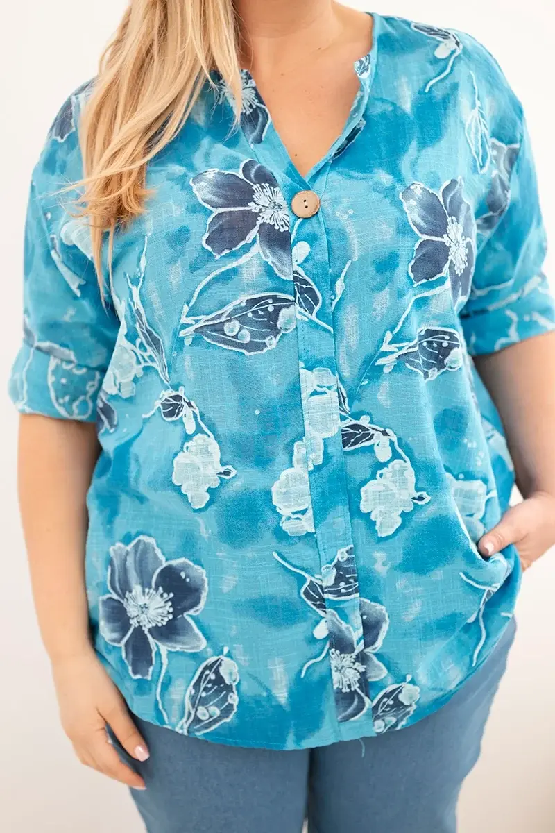 Kesi plus size dámská halenka s květinovým vzorem, tyrkysová