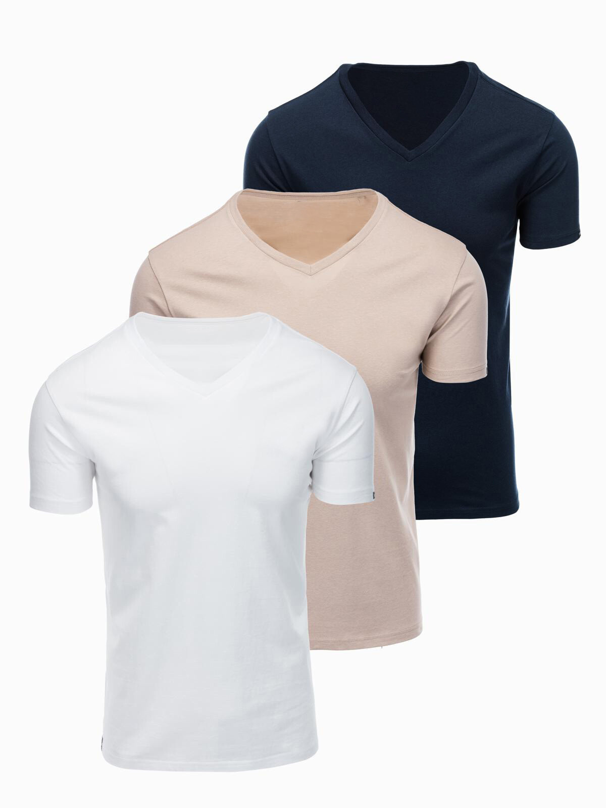 Ombre BASIC men's cotton V-neck T-shirt set - white/sand/navy