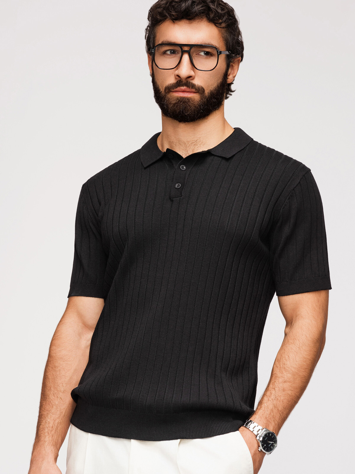 Ombre pánské SLIM FIT pruhované polo triko - černé