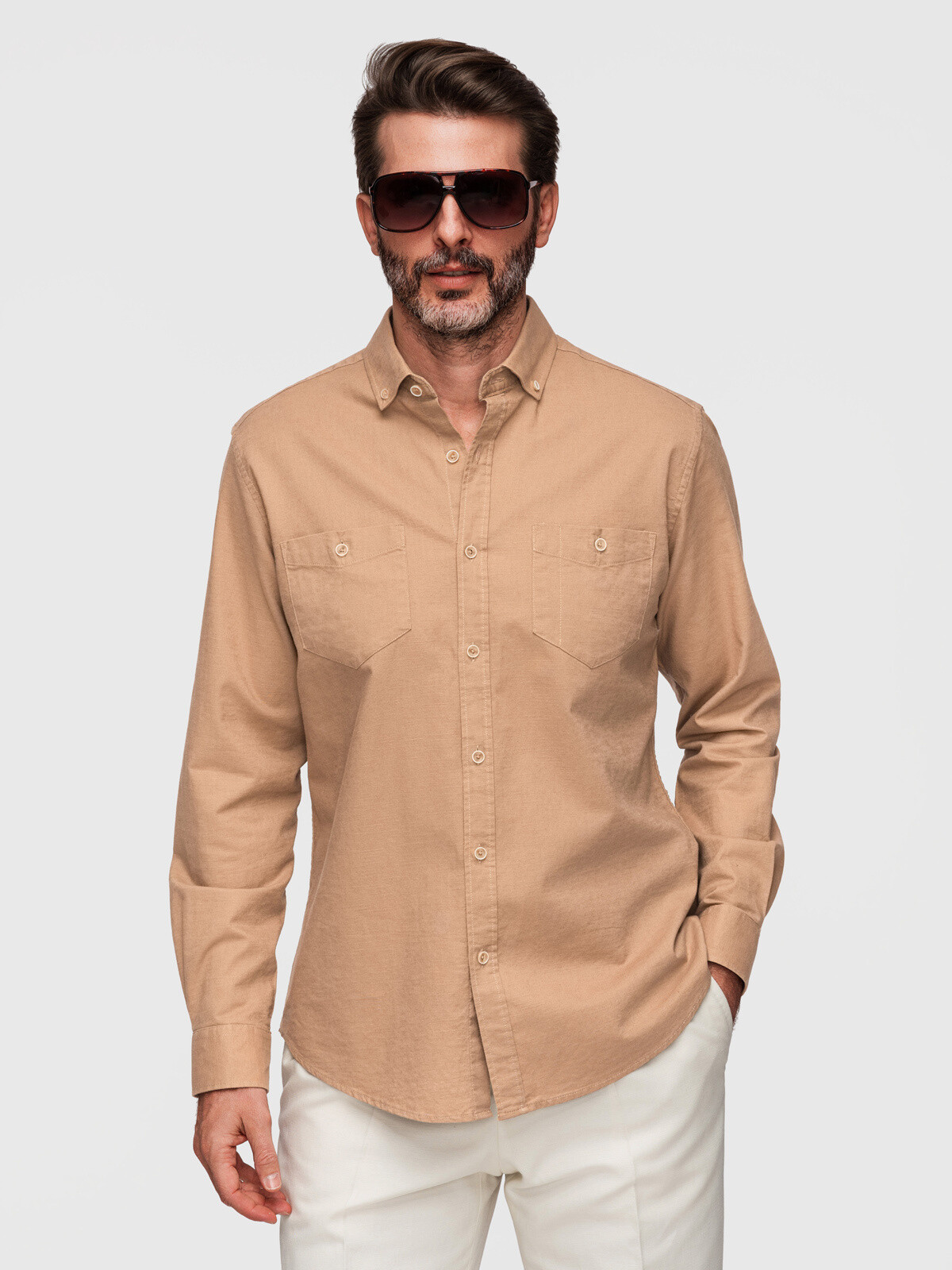 Ombre pánská košile Regular Fit - světle hnědá