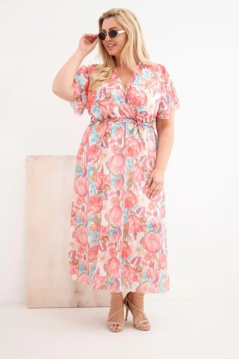 Kesi květinové plus-size šaty s páskem růžové
