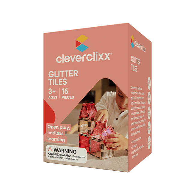 Cleverclixx – Magnetická stavebnice Glitter Tiles Pack Transparent - růžové – 16 ks