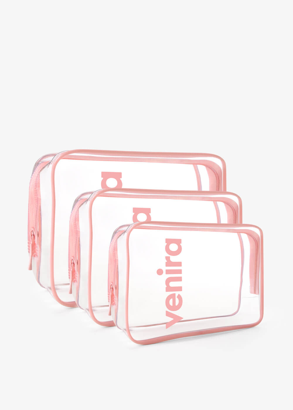 VENIRA sada kosmetických tašek, průhledné, růžové, vel. M, L, XL
