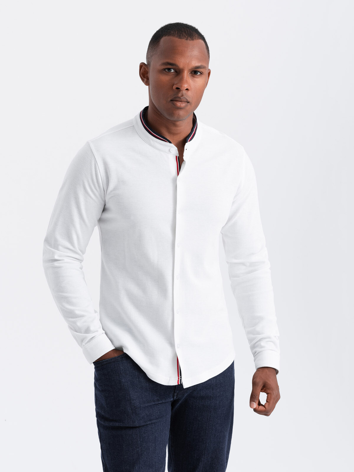 Ombre Men's SLIM FIT cotton shirt with stand-up collared colored stripes - white