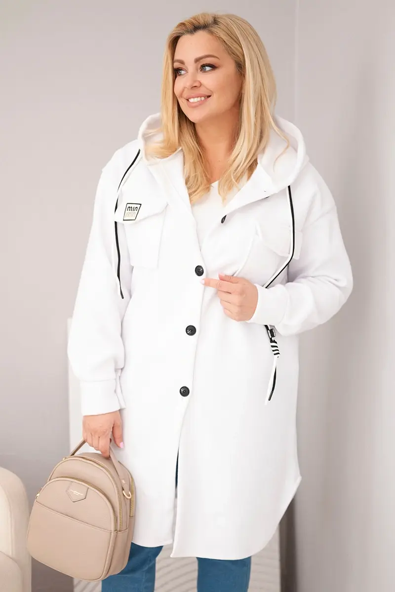 Dámský plus size kabát s kapucí, bílý