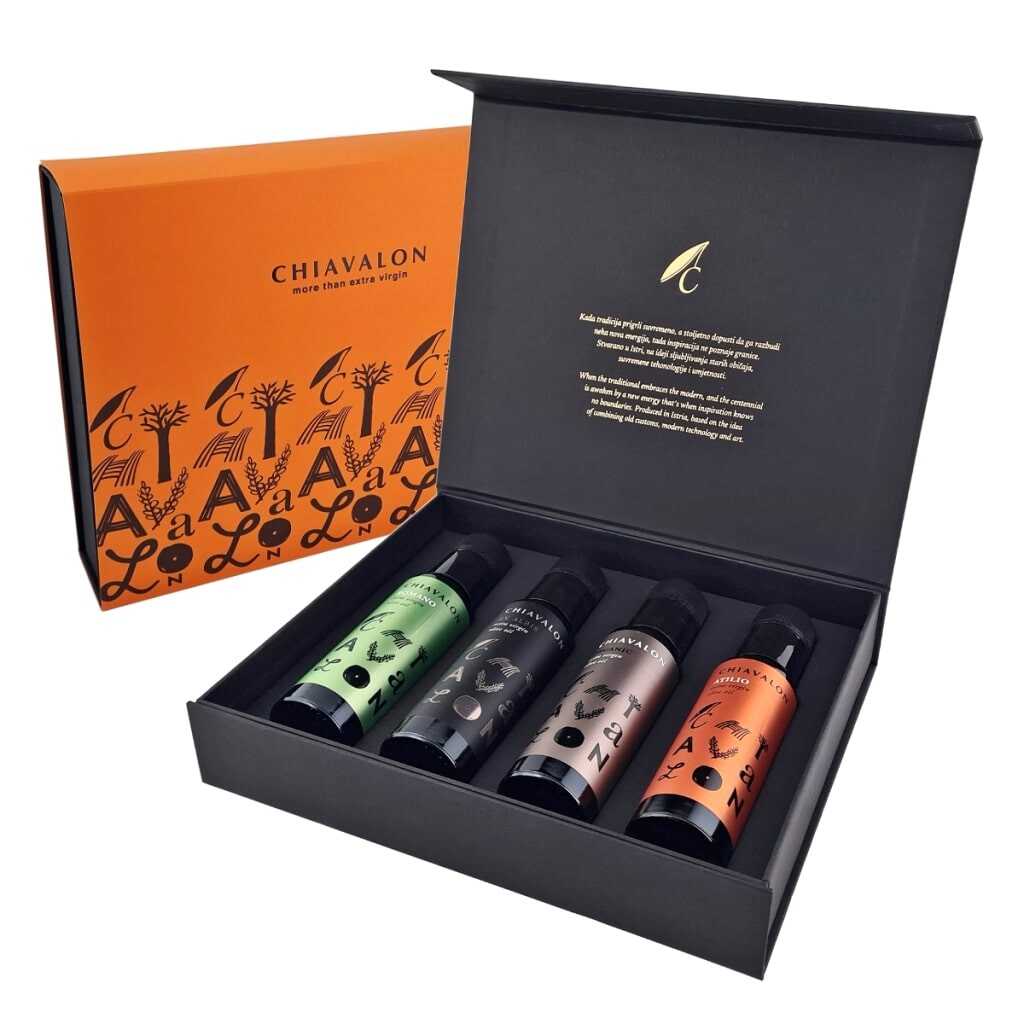 Prémiové olivové oleje Chiavalon 4 x 100 ml v oranžové dárkové kazetě