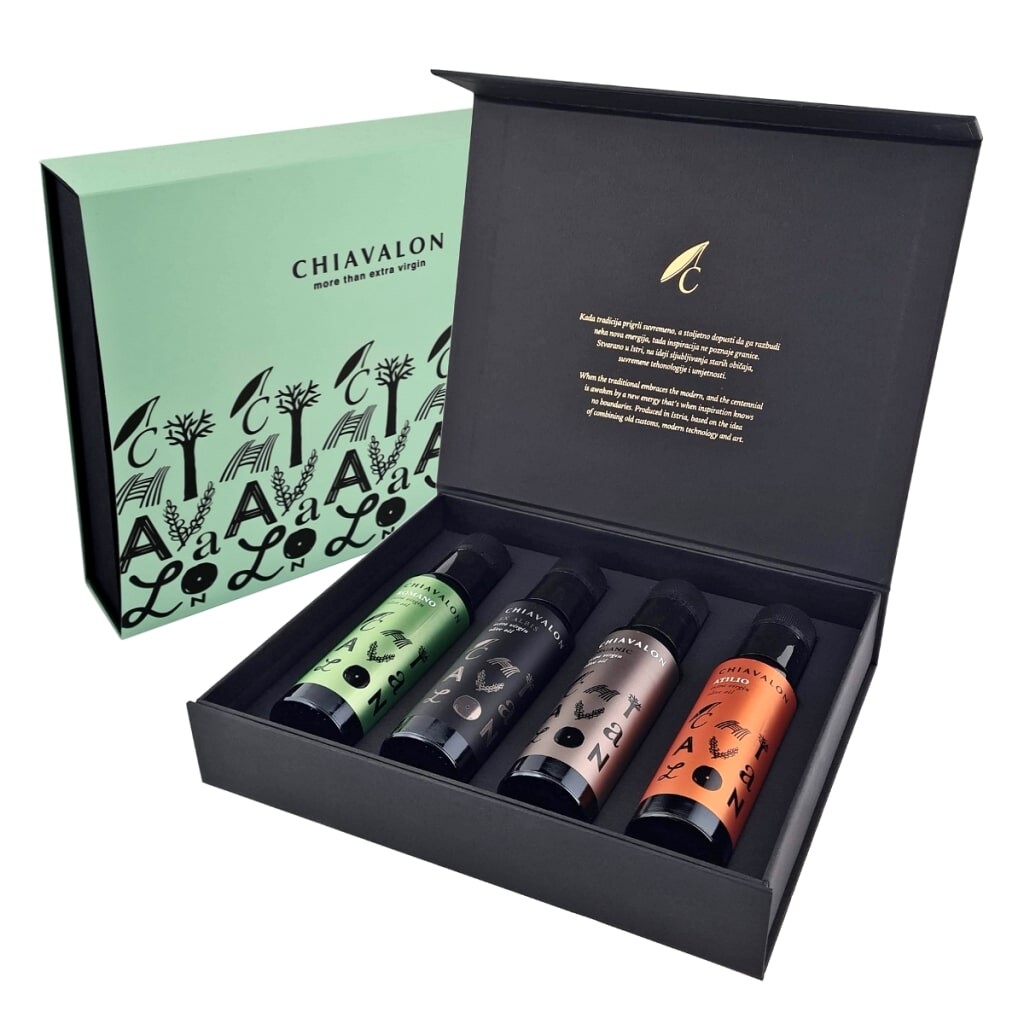 Prémiové olivové oleje Chiavalon 4 x 100 ml v zelené dárkové kazetě