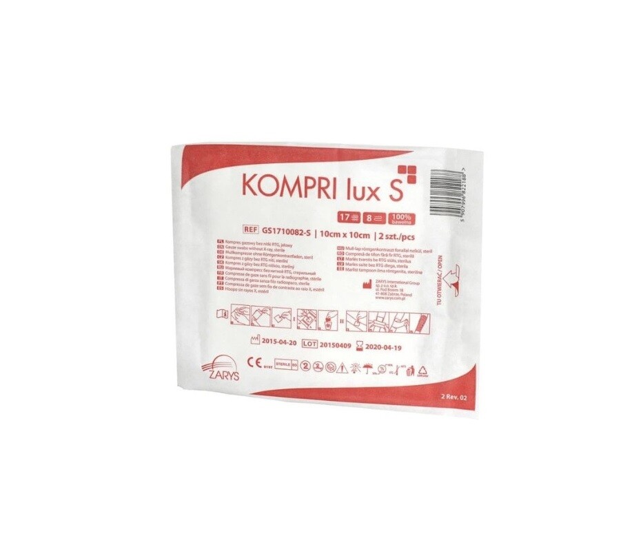 Zarys KOMPRI lux S - gázová komprese, 17N, 8W, 10 cm x 10 cm, sterilní Počet kusů v balení: 10 ks