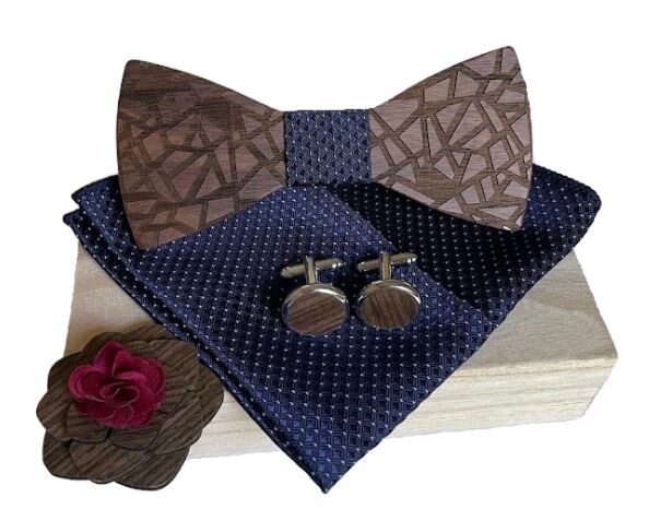 Set dřevěného motýlku, manžetových knoflíčků a brože - Mozaika, modrý